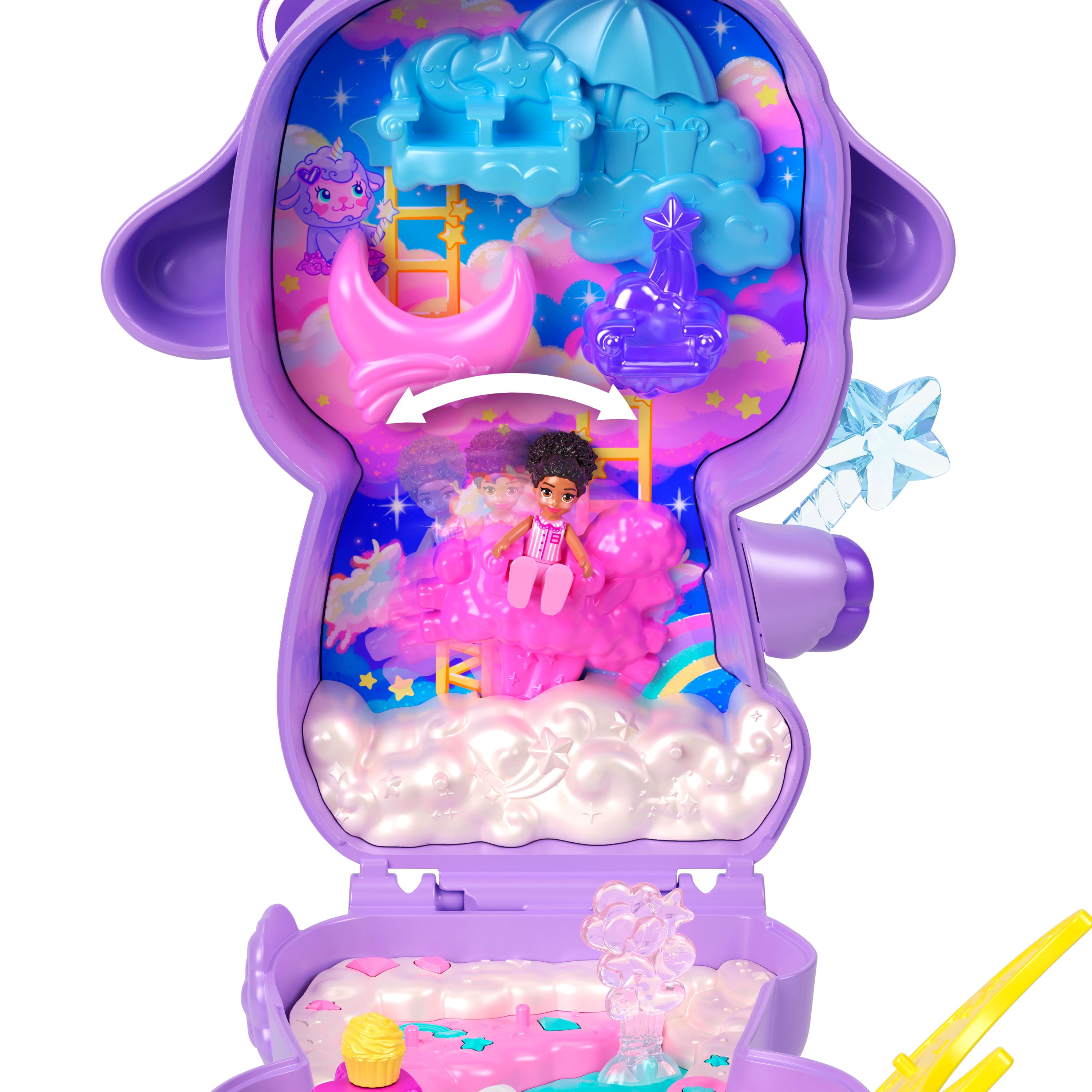 Polly Pocket Cozy Dreamland Lamb Compact Playset with 1 Micro Doll and Pet Unicorn, Travel Toy with Food & Styling Accessories