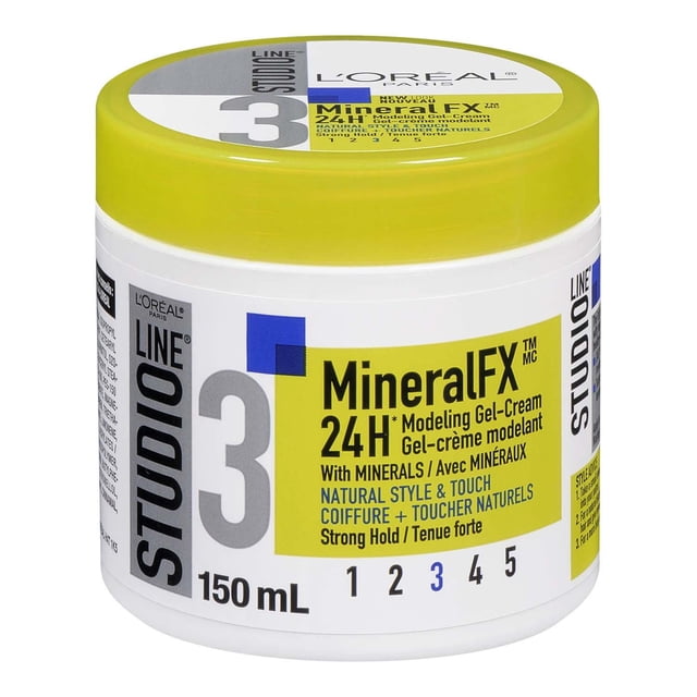 L'Oréal Paris Studio Strong Hold Line Mineral FX 24H Modeling Gel-Cream 150 mL in a white round jar with a yellow lid, featuring bold black and blue text. This hair styling gel-cream provides 24-hour strong hold with a natural touch, enriched with minerals and a non-alcohol formula for easy styling on damp or dry hair.