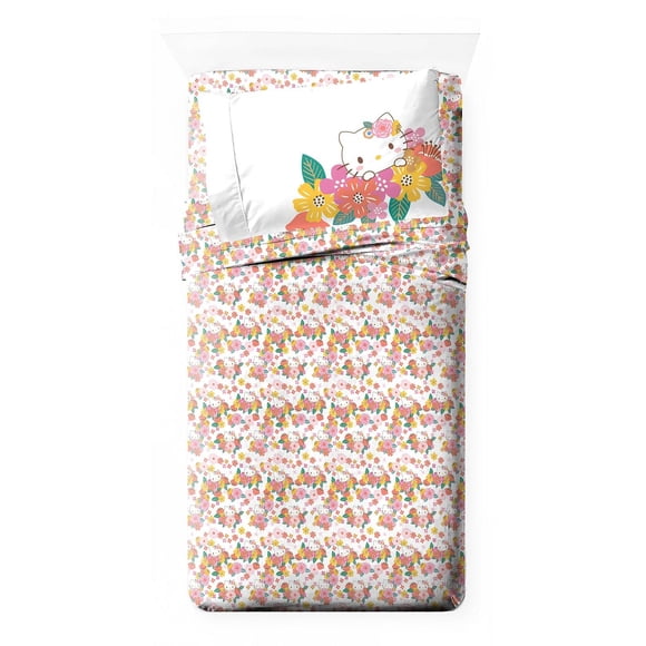 Jay Franco Hello Kitty Twin Size Sheet Set - Super Soft 3 Piece Bedding Set - Floral Microfiber Sheets Includes Reversible Pillow Covers