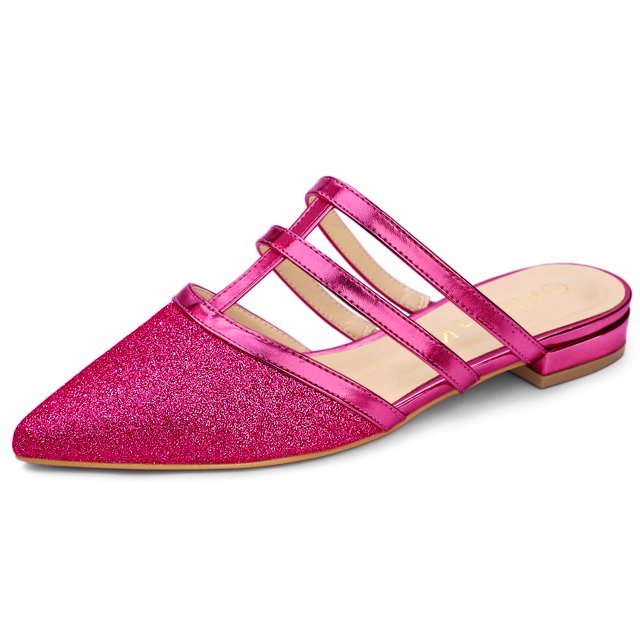 BLISSFUL STEP Mules Plates à Paillettes pour Femmes à Bout Pointu Rose Vif US 8.5