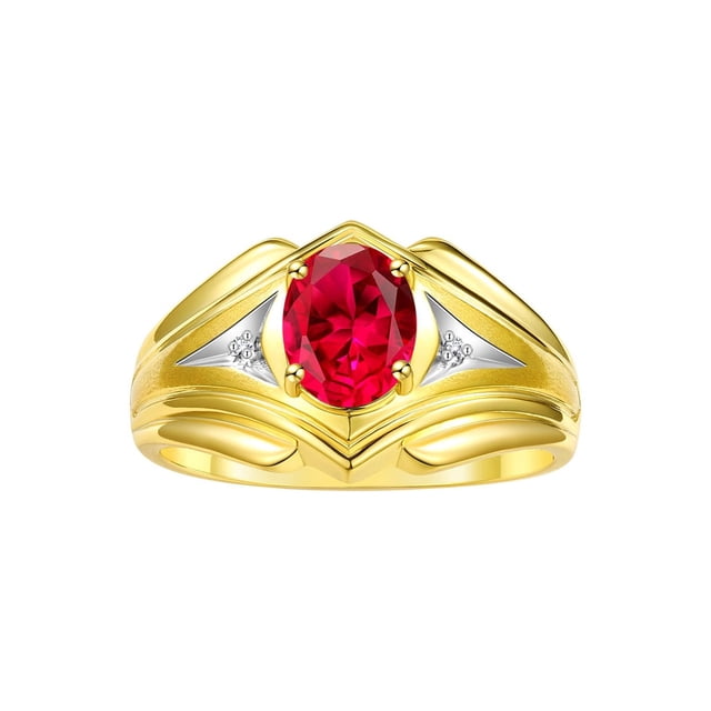 RYLOS Men's Rings Yellow Gold Plated Silver Rings Classic Designer Style 9X7MM Oval Gemstone & Diamond Ring Ruby July Birthstone Rings For Men, Size 9