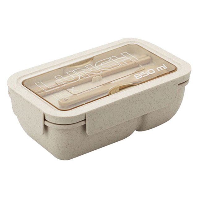 Boovnll Bento Box, a beige microwave-safe lunch box with an 850ml capacity, featuring a transparent lid with a storage compartment for included utensils (spoon and chopsticks). Made from straw fiber, it is lightweight, compact, and easy to clean. Designed with dividers for food separation and a sealing lid to maintain freshness. Suitable for kids and adults, ideal for picnics, lunches, or food storage.