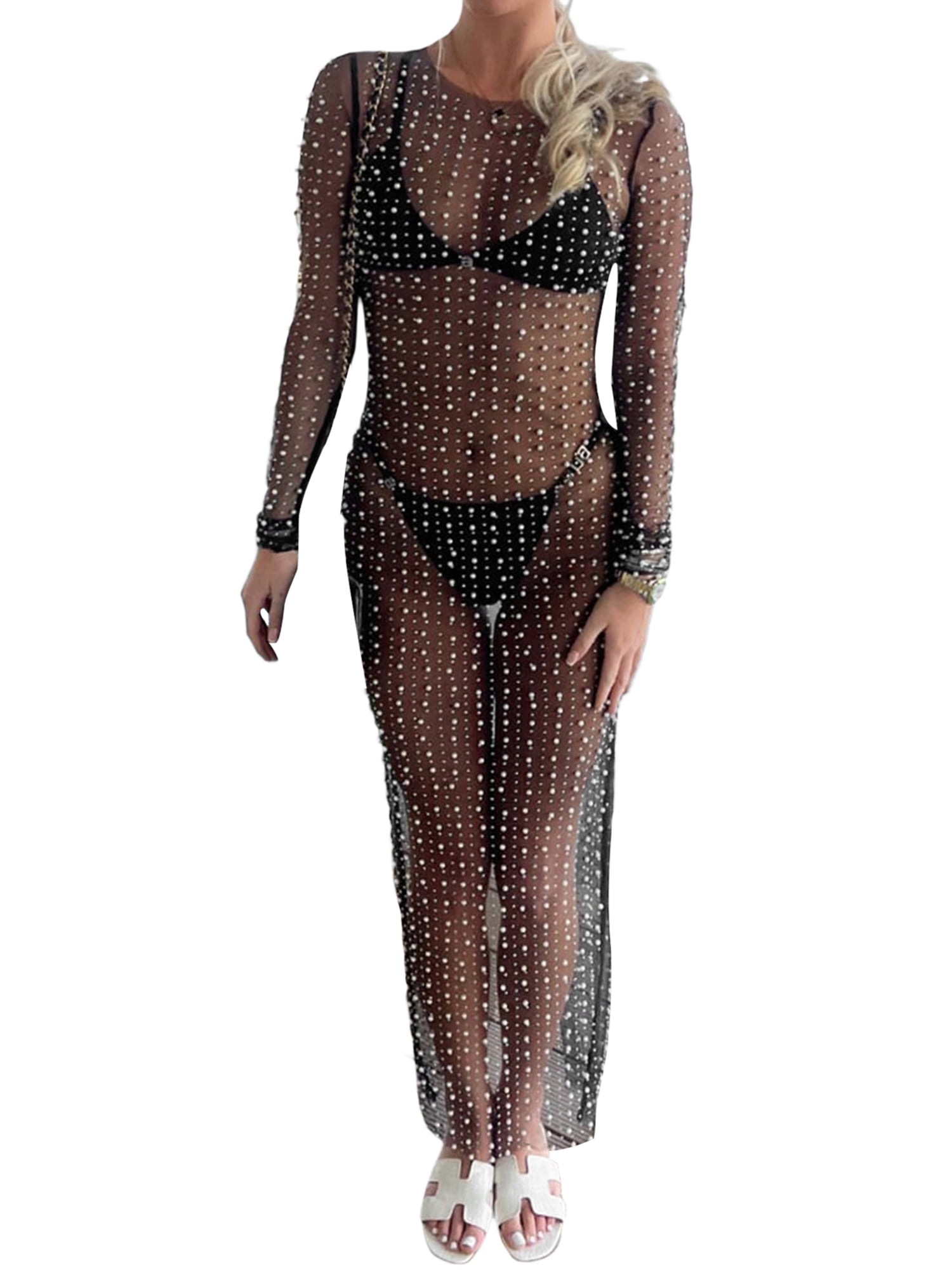 Fortune Robe en Perles et Strass pour Femmes, Robe Cache-Maillot en Maille Transparente, Maillot de Bain Transparent