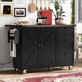 thumbnail image 2 of Farmhouse Kitchen Island with Power Outlet, Drop Leaf, Spice Rack and Drawer,Rolling Kitchen Cart on Wheels,Kitchen Storage Island for Home Dining Room (Black), 2 of 9