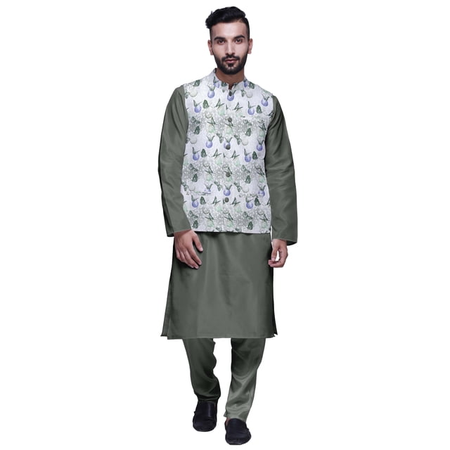 Atasi Kurta Pyjama Traditionnel Uni à Col Mandarin avec Ensemble de Veste Imprimée