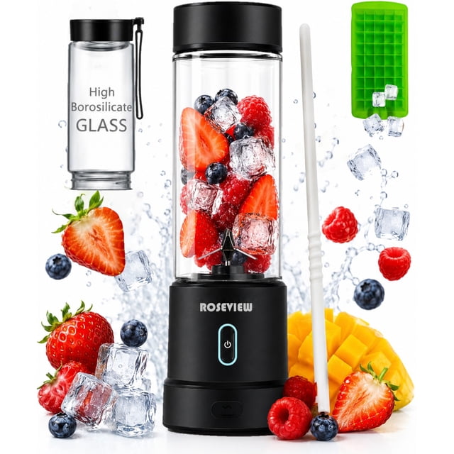 Portable Smoothie blender ROSEVIEW Glass bottle USB rechargeable 200W Power 15Oz mini Handheld Ice Shakes Cup blend juicer Cordless blender Personal smoothies maker Fruit mixer