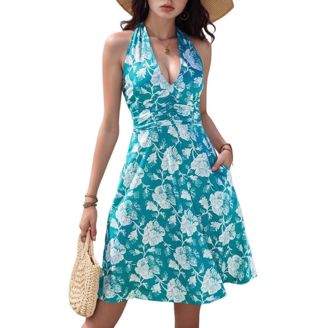 Robe d'Été Sans Manches Portefeuille à Col en V à Fleurs pour Femme Mini Robe Bleu m