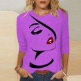 thumbnail image 2 of Penkiiy Hauts pour Femmes Mode Femmes T-shirt Imprimé Mi-Long Manches 3/4 Blouse Col Rond Hauts Décontractés Violet Vêtements Y2K, 2 of 4