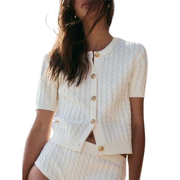 Gupgi Women Knit Cardigan Solid Color Round Neck Short Sleeve Button Front Crop Sweaters