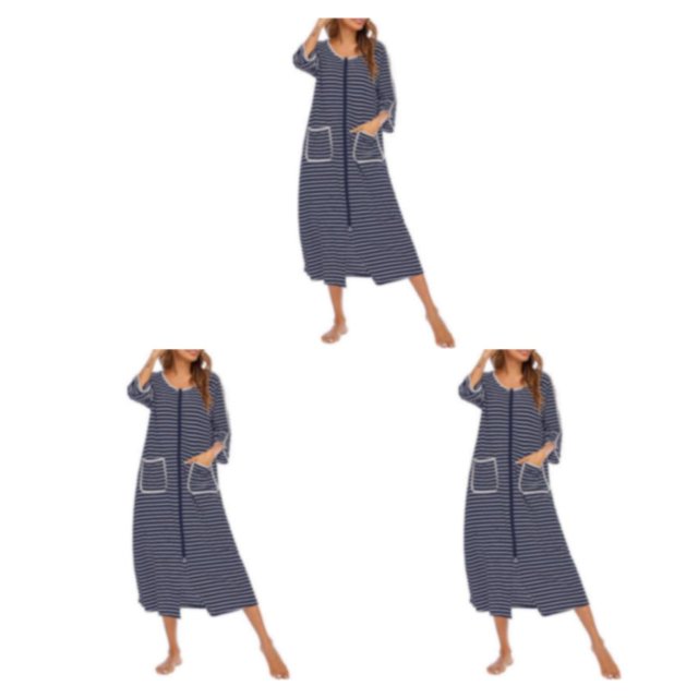 yingyy 1/2/3 Polyester Robe de Nuit pour Femmes Décontractée de Remplacement Col Rond Manches Longues Double Poche Respirante Peignoir de Maison Vêtement de Nuit Bleu Foncé m 3 Pcs