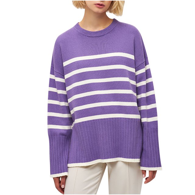 Yuyuzo Chandails pour Femmes Rayures Manches Longues Col Rond Pull Basique Tricoté Automne Blouse