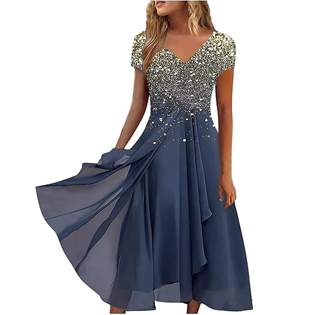EQWLJWE Robes d'Été pour les Femmes 2023 Womens Robes d'Été Robes pour les Femmes Impression Florale Manches Courtes V Cou Robe Plissée Robes Fluides