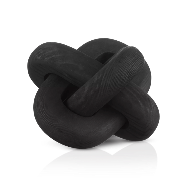 Bouclair Black Abstract Knotted Wood Decorative Object featuring a unique abstract design inspired by knotted wood patterns. Made from high-quality pine wood, this decorative object has a black finish with visible wood grain texture. Measuring 6 inches (15 cm) in width and height, it is a compact and artistic accent piece suitable for modern home décor. Spot clean only.