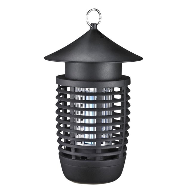 GREENSTRIKE® Elektra Bug Zapper Series 600 with a matte black cylindrical body featuring horizontal protective slats around a central UV-A light tube, topped with a conical roof and a metal hanging ring, designed for outdoor insect control in gardens and patios.