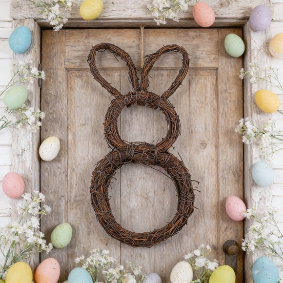 Todaioua Couronne de Lapin de Pâques Double Cercle en Osier Décoration de Printemps pour la Maison Décoration de Vacances pour Porte Mur Table Manteau Intérieur Extérieur Décoration de Jardin Accent Floral Ornement Festif Coloré, Marron