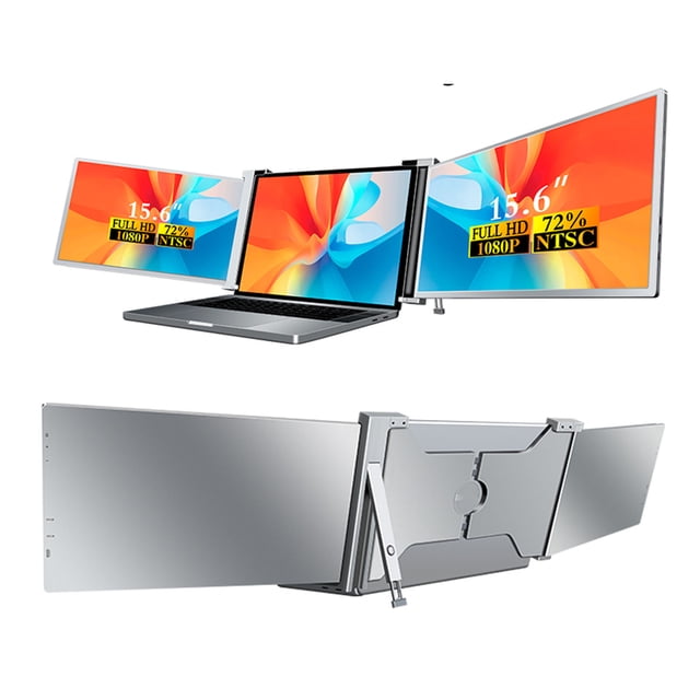 Dual Laptop Screen Extender with two 15.6-inch FHD 1080P IPS portable monitors, designed for laptops between 15.6 and 17.3 inches. Features include a retractable stand, reverse charging via Type-C cables, and a triple monitor setup for multitasking and productivity. Ideal for creating a multi-screen workspace.