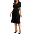 thumbnail image 4 of INSPIRE CHIC Robe pour Femme Travail Col en V Manches Courtes sous le Genou Ceinturée Ligne A Plissée Robe L Noir, 4 of 6