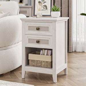 Farmhouse Nightstand, Boho Bedside Table with 2 Rattan Decor Drawers, Accent End Table with Open Storage Shelf, Wood Bedside Unit for Bedroom, Living Room, Home Office, Grayish White