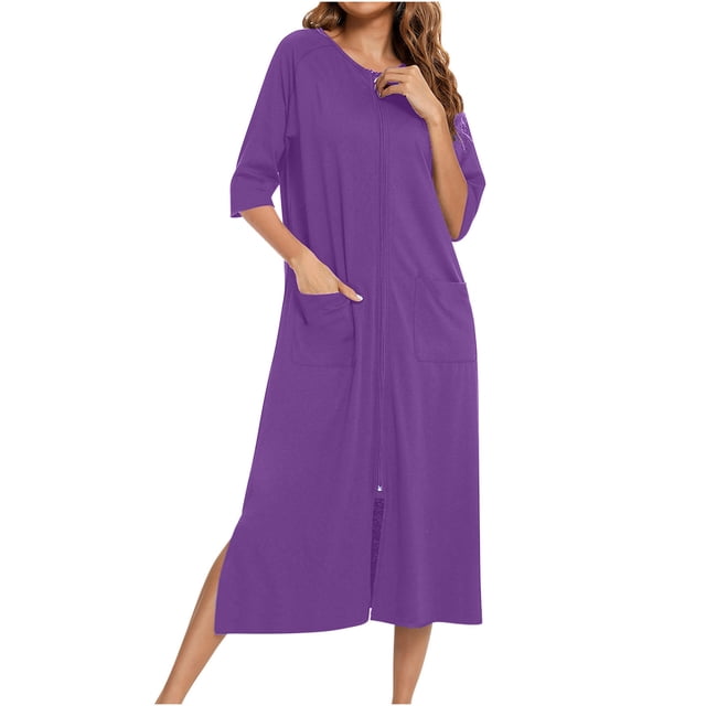 Zip Up Robe for Women Long Housecoat Soft Nightgown with Pockets