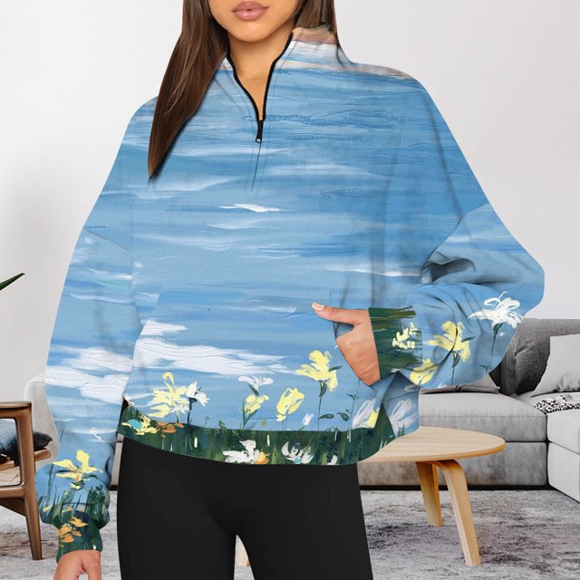 50 % de Rabais Liquidation Chandail en Molleton Surdimensionné pour Femmes Mode Automne Hiver 2023 Imprimé Floral Décontracté Sport Col Rond Survêtements Manches Longues Col Rabattu Fermeture Éclair Chandails à Capuchon