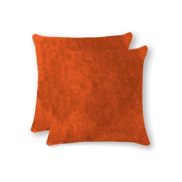 TORINO COWHIDE PILLOW 18"X18" 2-PACK with two square orange cowhide throw pillows featuring soft textured surfaces, hidden zipper closures, and polyfil inserts, ideal for layering in home décor and suitable for accenting multiple seats.