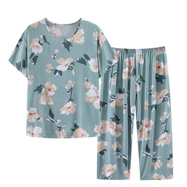 RKSTN Pajama Sets for Women 2 Piece Summer Two Piece Set Short Sleeve Round Neck Pajama Set Printed Tops Pants Set Soft Comfortable Pajamas