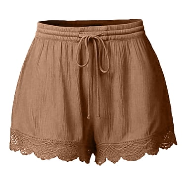 Timegard Plus Size Shorts for Women Wide Leg Elastic Waisted Drawstring Lace Ruffle Solid Color Casual Shorts