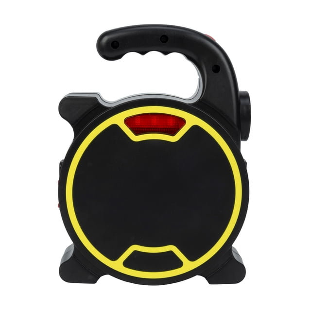 Perfect Solutions Tool Set With Led Light compact black circular toolbox with yellow ring and built-in red LED light on front, featuring ergonomic black handle for easy carrying, designed for organizing hand tools and use in dimly lit spaces.