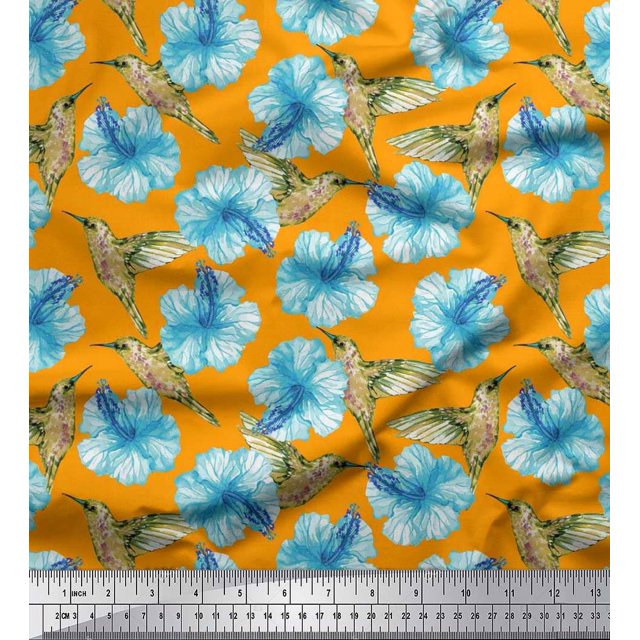 Soimoi Cotton Poplin Fabric Hummingbird & Floral Decor Fabric Printed Yard 56 Inch Wide