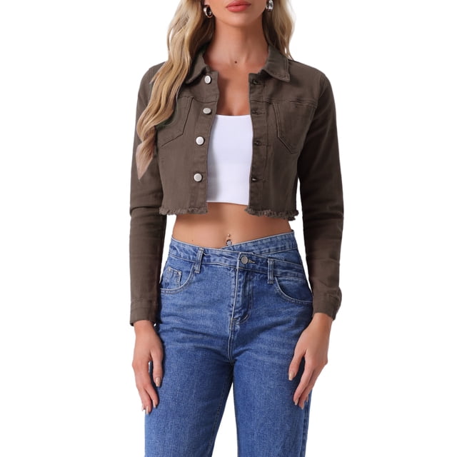 INSPIRE CHIC Women's Turn Down Frayed Button Down Spring Summer Washed Cropped Denim Jacket Coffee M