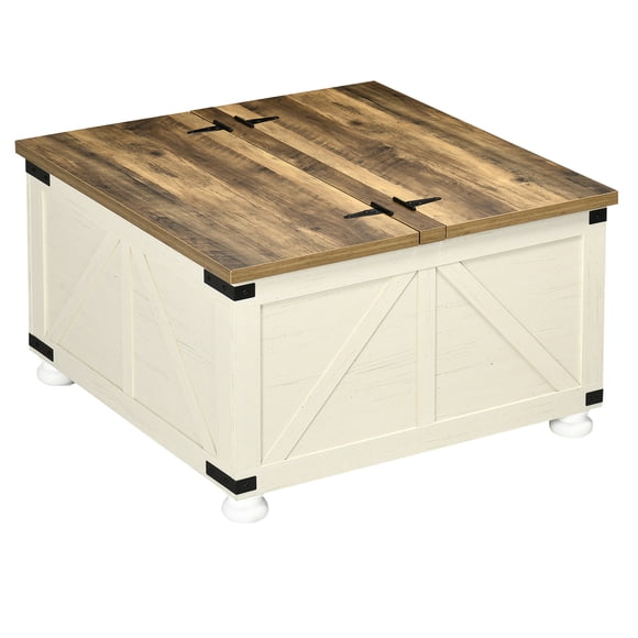 HOMCOM Farmhouse Coffee Table, Square Center Table with Flip-top Lids, Hidden Storage Compartment and Wooden Legs, Antique White