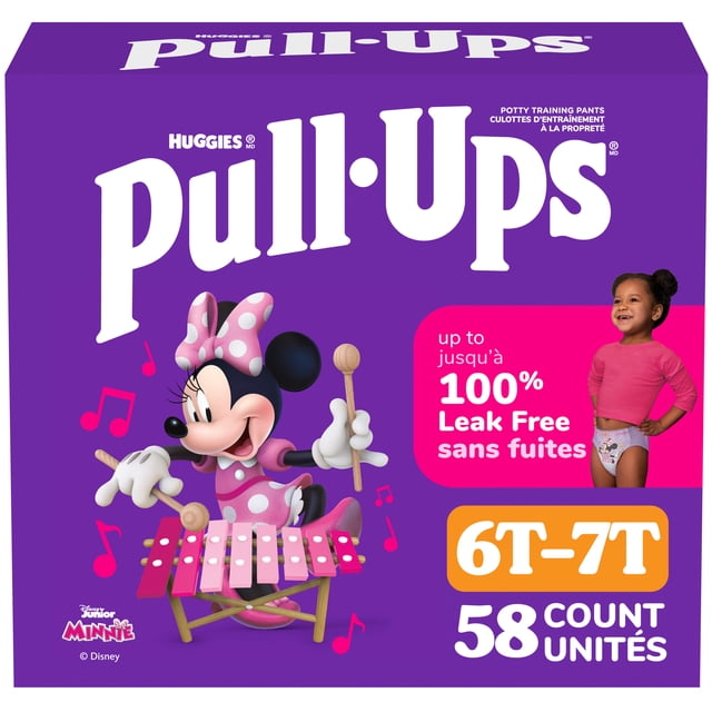 Pull-Ups Girls' Potty Training Pants, 6T-7T size, 58 count box with Disney Junior Minnie Mouse playing a pink xylophone on a purple background, featuring up to 100% leak-free protection and designed for easy potty training.