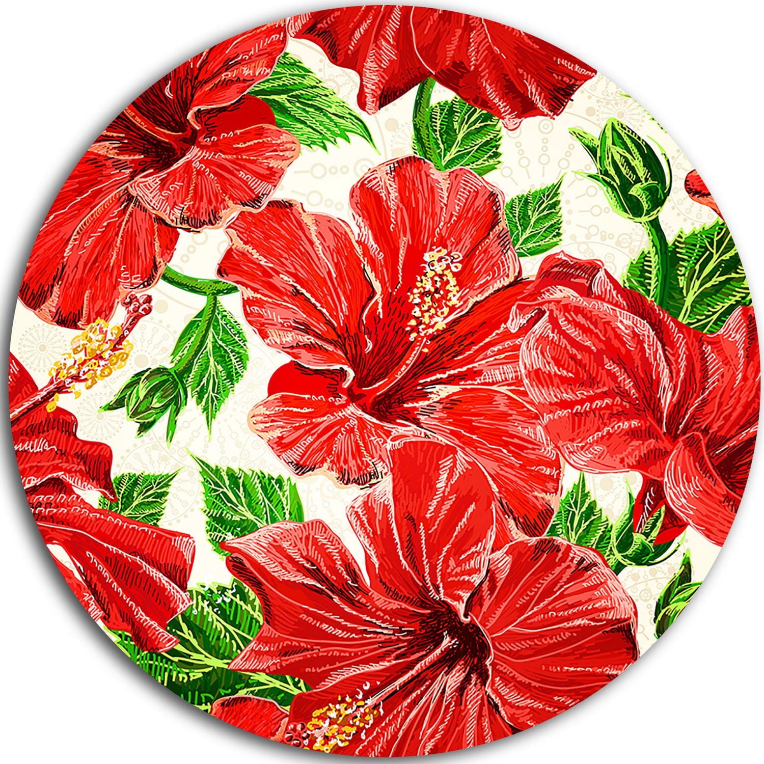 Design Art Seamless Hibiscus Flowers Pattern' Ultra Glossy Floral Metal Circle Wall Art