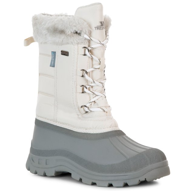 Trespass Womens Snow Boots Stavra II featuring an insulated warm fleece lining, waterproof rubber shell outsole, and water-resistant textile upper. The boots have a synthetic fur trim for added warmth and style, with a durable TPR outsole for traction. Designed for winter outdoor activities, shown in a white and grey color combination.
