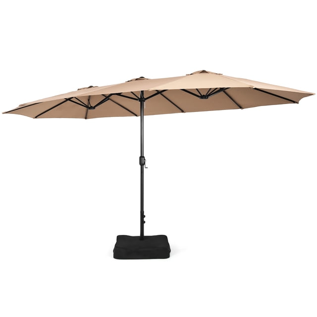 Costway Parasol de Patio Double Face Jumeau de 15 Pi Couleur Café avec Mécanisme à Manivelle et base en Métal. Comprend un Auvent en polyester de 15 Pieds avec Trois Évents pour une Meilleure circulation d'Air et une protection Solaire. Comprend Deux Sacs de Sable pour une Stabilité Accrue, Convient à un Usage Résidentiel et commercial.
