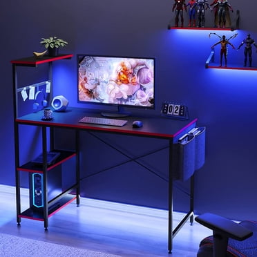 Reversible 44 inch Computer Desk with LED Lights and 4 Tier Shelves Gaming Desk