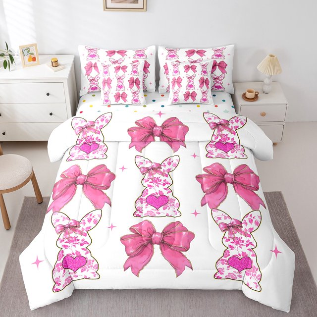 Erosebridal Kawaii Bowknot Bedding Queen Size,Cartoon Sheep Rabbit Bedding Sets Queen Size,Floral Decor,Reversible,Lightweight,7pcs
