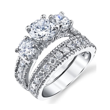 Bague de Fiançailles et d'Alliance pour Femmes en Argent Sterling 3,4 Ct Passé Présent Futur Ensemble Nuptial 2 Pcs Zircon Cubique