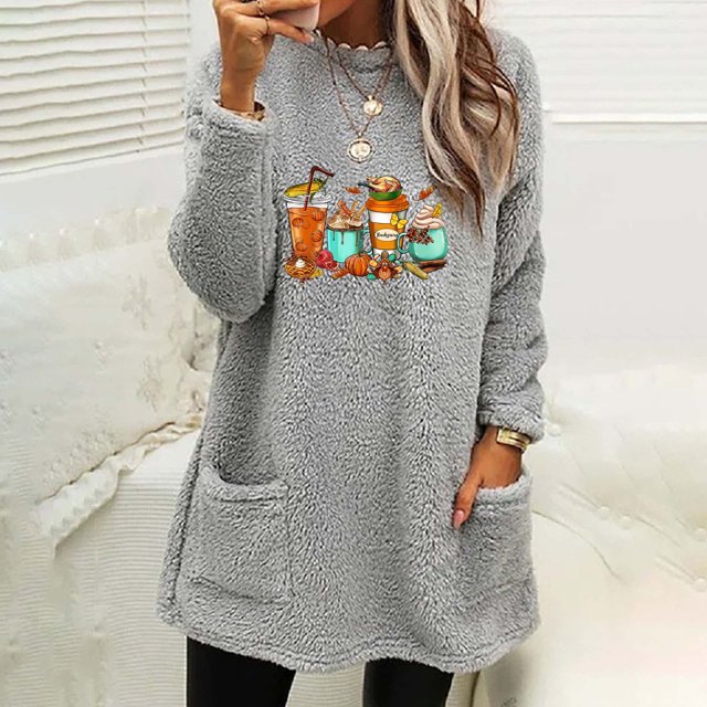 Costumes d'Halloween pour Femmes, Blouse à Manches Longues, Col Rond, Ample, Imprimée, avec Poche, Chaude, pour l'Hiver, en Liquidation