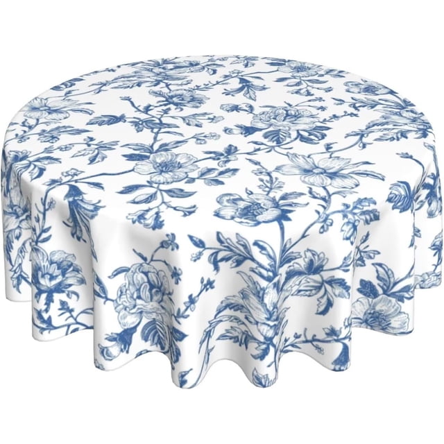 Navy Blue Floral Tablecloth Round 60 x 60 Inch Navy Blue Chinoiserie Floral Table Cloth Polyester Fabric Vintage Spring Summer Flowers Farmhouse Table Cover for Kitchen Party Picnic Outdoor Decor