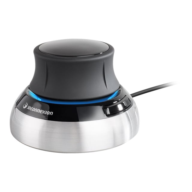 3Dconnexion SpaceMouse Compact - 3D mouse with 2 buttons and a wired USB connection. Features a compact design with a brushed steel base for stability and a black controller cap for precise 3D navigation. Ideal for CAD applications, it includes 6-Degrees-of-Freedom (6DoF) sensor technology for intuitive panning, zooming, and rotating. The device has two programmable buttons for quick access to radial menus. Shown in a close-up view with a sleek, modern design.