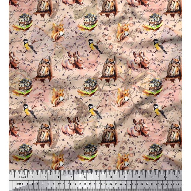 Soimoi Tissu en Velours Hibou, Tissu à Imprimé Animal Squirrel & Rabbit au Mètre 58 Pouces de Large