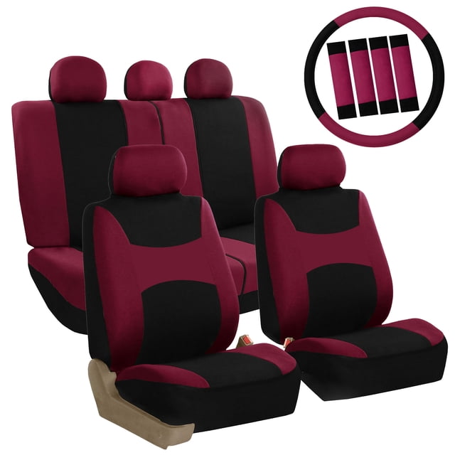 Car Seat Cover Full Set with Steering Wheel, Belt, & Head Rest Covers in a two-tone black and burgundy design. Includes 2 bucket seat covers, 1 rear bench backrest cover, 1 rear bench bottom seat cover, 5 headrest covers, 1 steering wheel cover, and 4 seatbelt pads. Made of lightweight, durable fabric with 3mm breathable foam padding for comfort. Compatible with removable headrests and designed to fit various split rear bench configurations. Features special stitching for side airbag deployment and adjustable straps for easy installation.