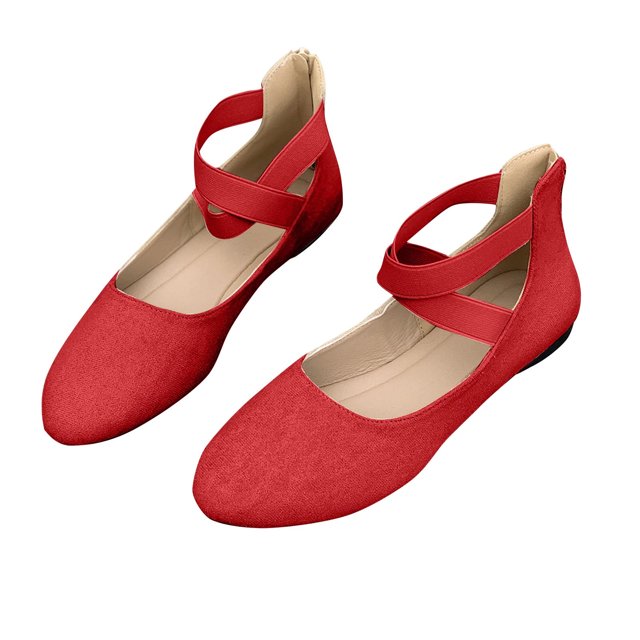 Ladys Single Shoes Suede Surface Elastic Ankle Strap Soft Sole Pointy Toe Flats Bottom Ballet Rear Ankle Zipper Shoes New Large Size Shallow Mouth Elastic Flat Shoes Red