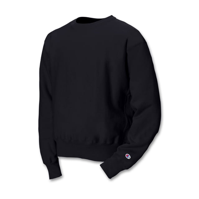 Champion Men`s Reverse Weave Crew in 2XL, Black. This lightweight men's sweatshirt features a durable reverse weave stitch to resist vertical shrinkage, ensuring the length remains true to size after multiple washes. The design includes ribbed cuffs and hem, with the Champion logo embroidered on the sleeve.