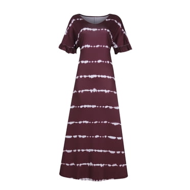 VEKDONE Robe Maxi d'Été pour Femme à Manches Courtes, Rayée, Décontractée, Longue, de Plage, Coupe Ample, Col en V, Robe Soleil, Détente, Fluide, Robe T-Shirt