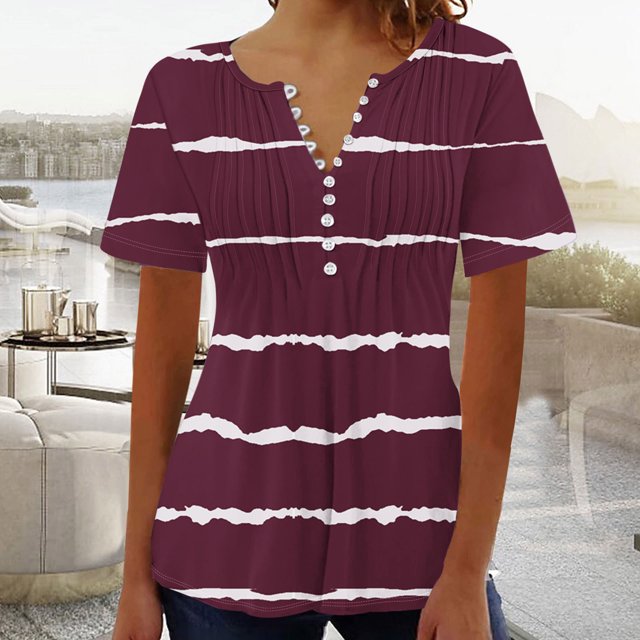 Blouses pour Femmes Haut Imprimé à Col en V Boutonné à Manches Courtes pour Femmes