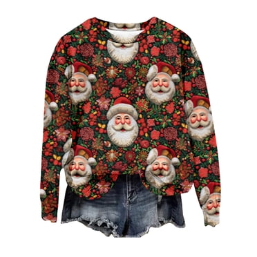Pisexur Chandail de Noël Laid pour Femmes Mignon Duveteux Arbre Renne Chandail Tricoté Chandail de Noël Nouvel An Col Rond Tricot Chandail de Noël
