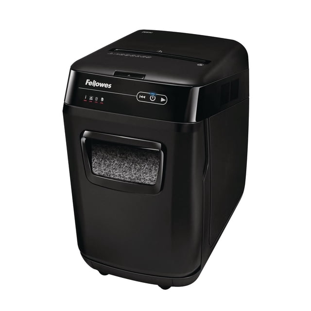 AutoMax™ 200M Auto Feed Shredder in matte black with a compact rectangular design, featuring a front pull-out bin with a window showing shredded micro-cut paper, a top auto feed slot, and a control panel with power and reverse buttons, ideal for secure office shredding with micro-cut security and auto feed system.