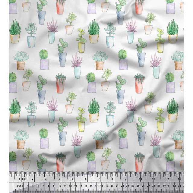 Soimoi Tissu Canard en Coton Blanc Tissu Décor Feuilles de Cactus Imprimé au Mètre 42 Pouces de Large